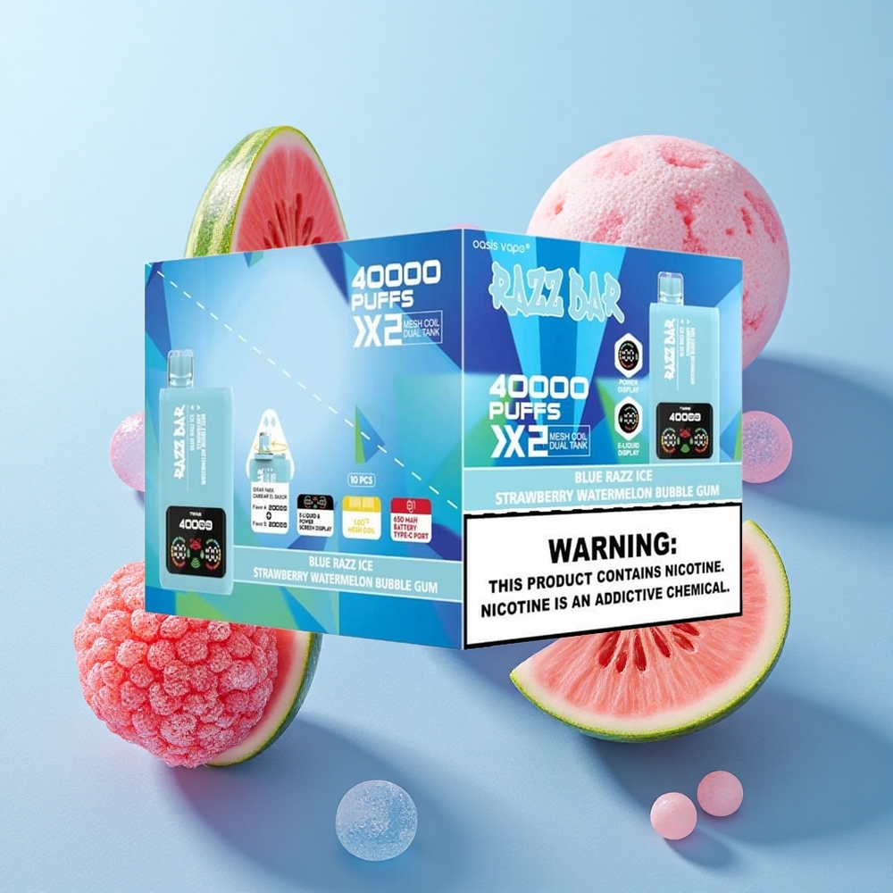 Manga Azul Morango Melancia Chiclete Razz Bar 40000 Puffs Tipo-C Tela de Potência