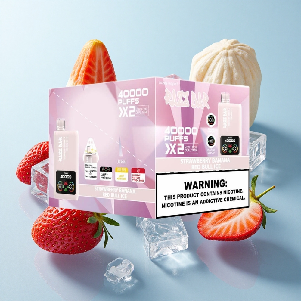 Morango Banana_Red Bull Gelo Razz Bar 40000 Puffs Tipo-C Port Tela de Potência