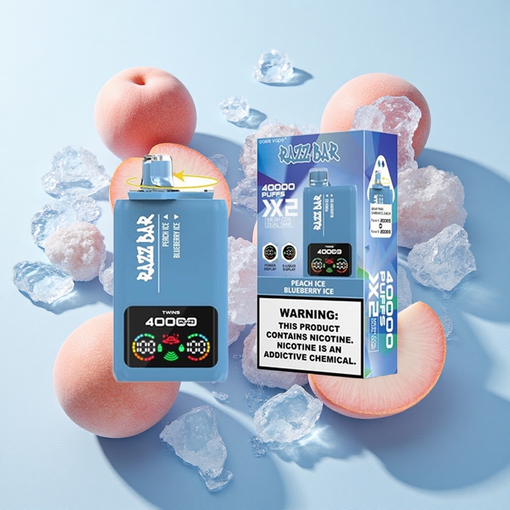 Pêssego Gelo & Mirtilo Gelo Razz Bar 40000 Puffs Tela de Potência Tipo-C Port