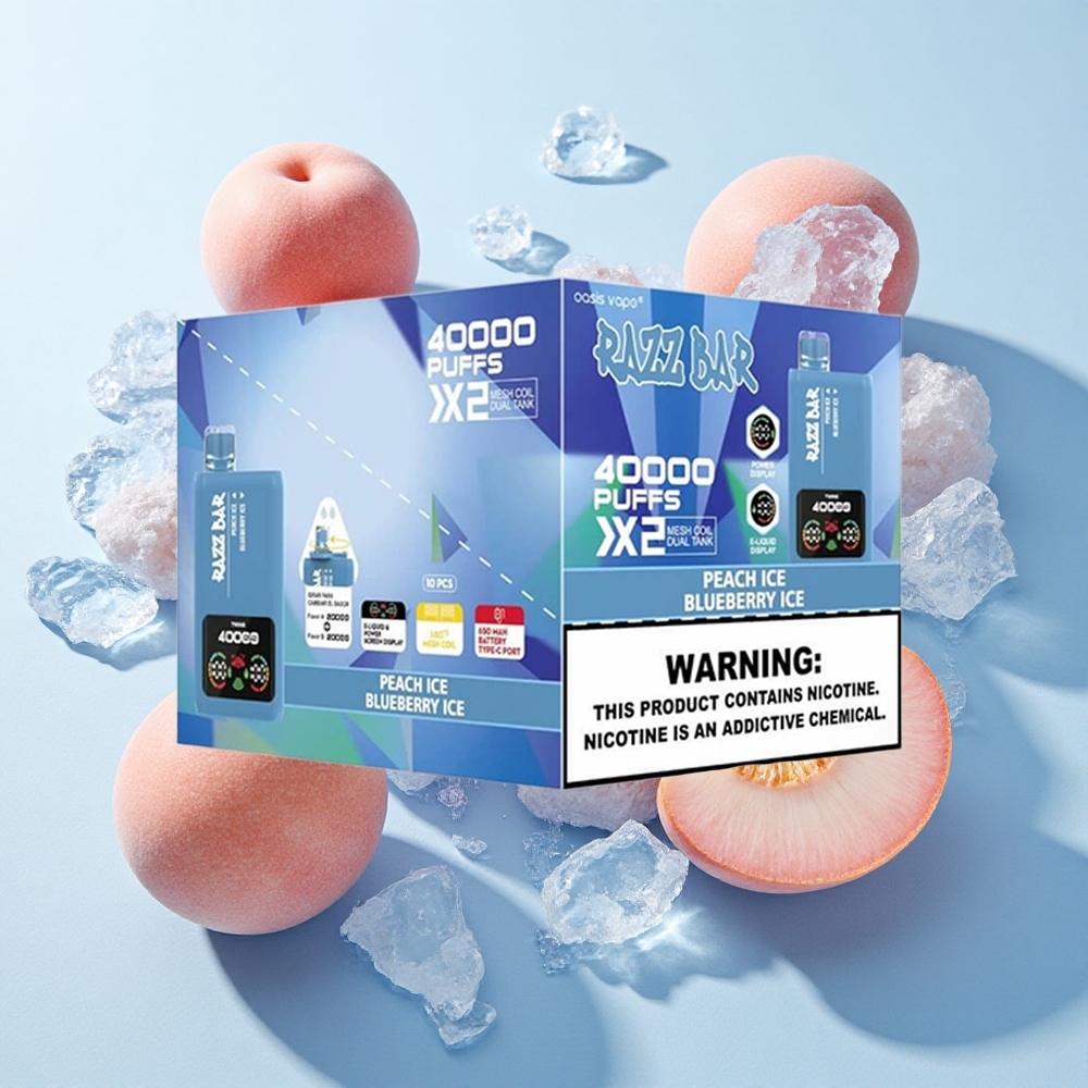 Pêssego Gelo & Mirtilo Gelo Razz Bar 40000 Puffs Tela de Potência Tipo-C Port