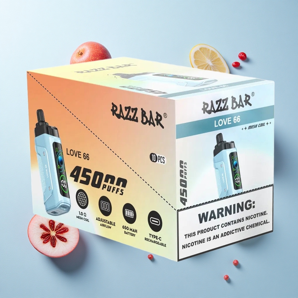 Amor 66 Razz Bar 45000 Puffs Vape Descartável com Bobina Mesh 1.0 Ohm e Bateria Recarregável 650 mAh