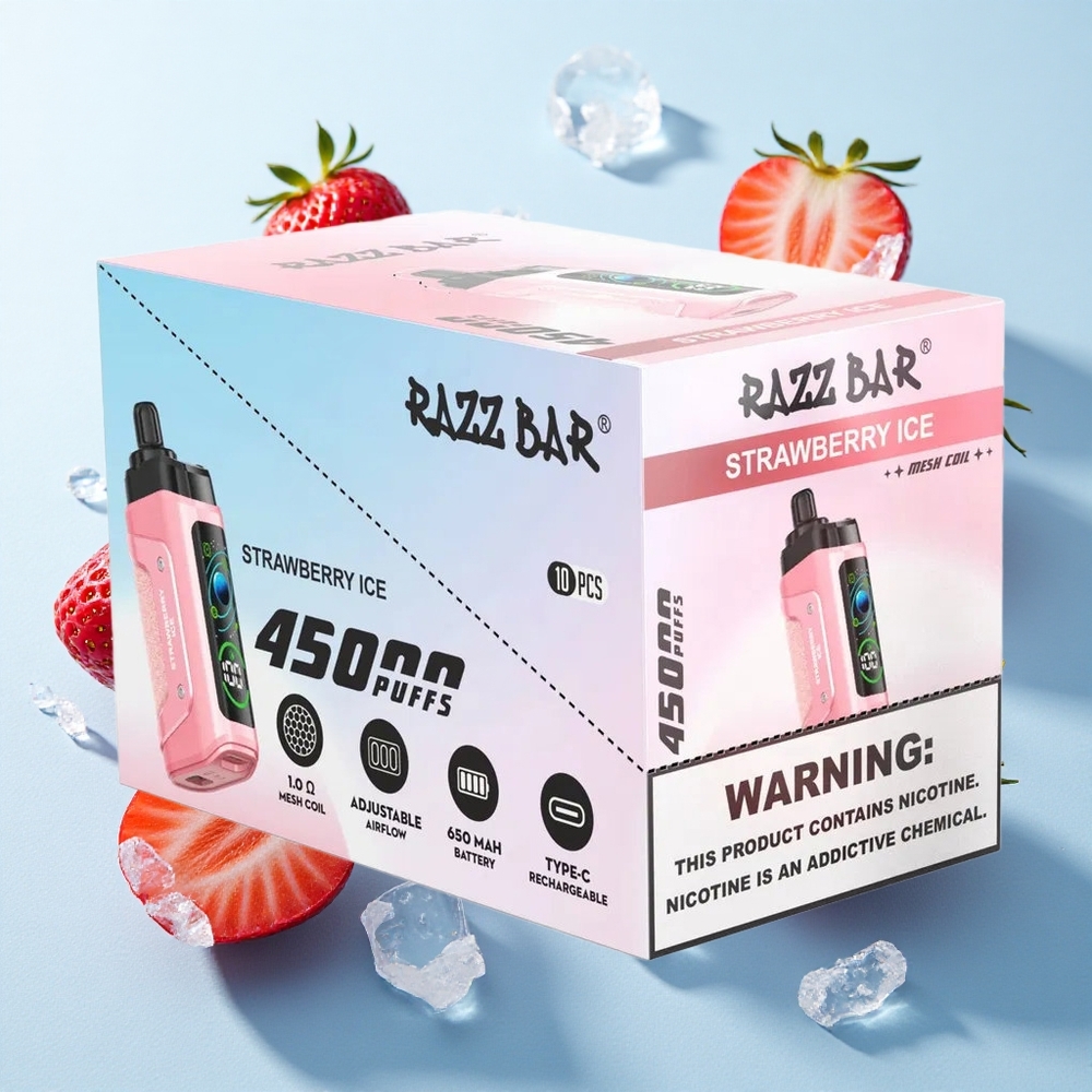 Morango Gelo Razz Bar 45000 Puffs Recarregável Tipo-C 20 mg/ml