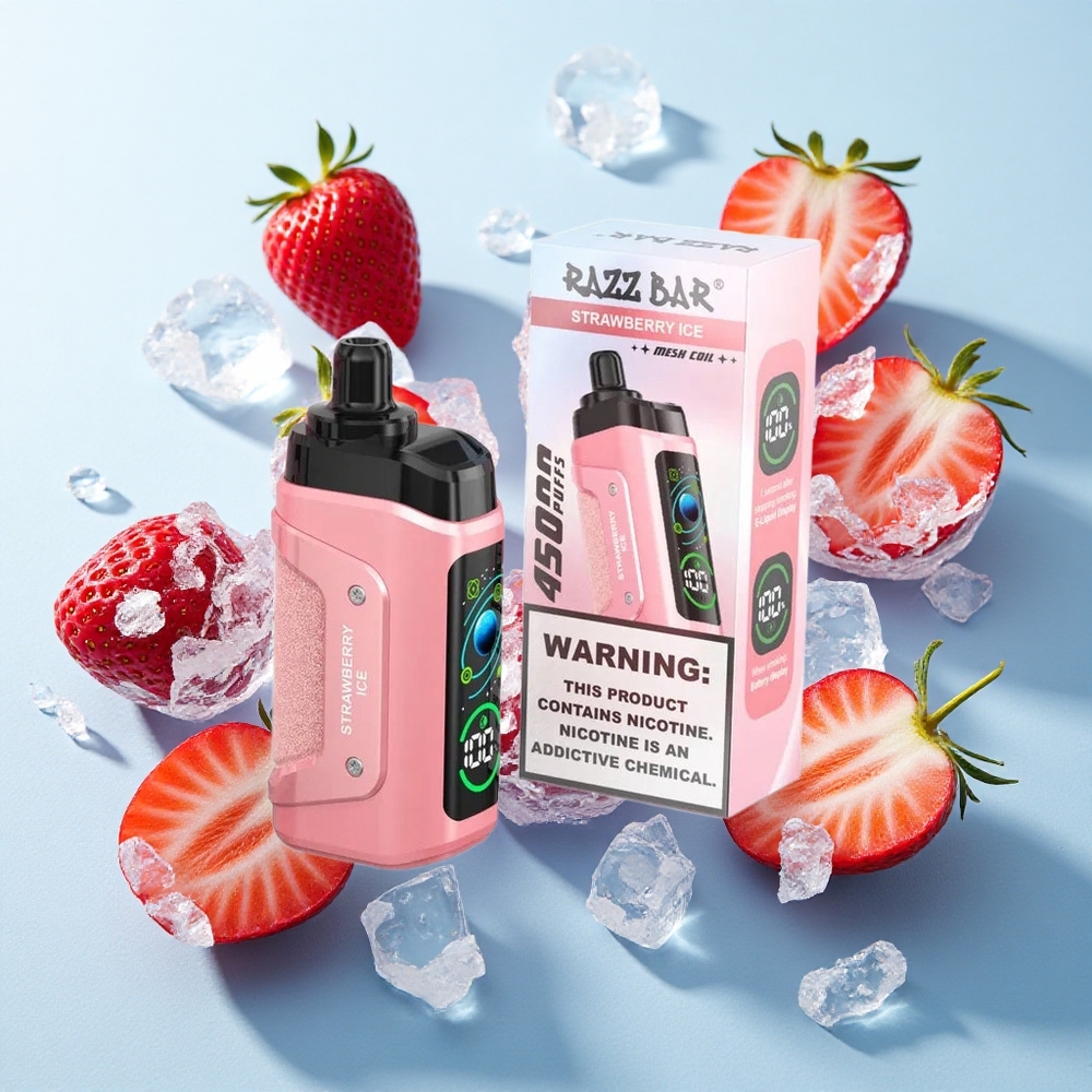 Morango Gelo Razz Bar 45000 Puffs Recarregável Tipo-C 20 mg/ml