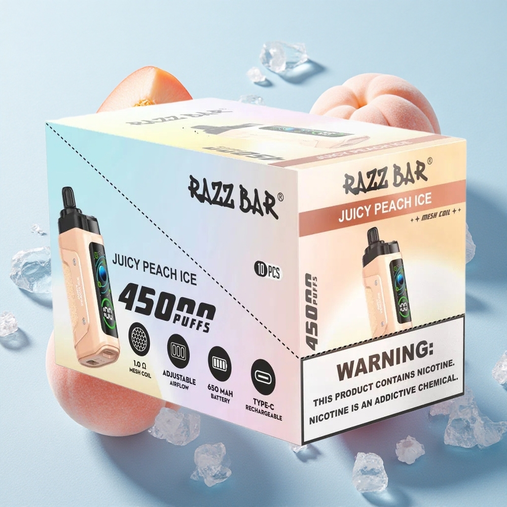Pêssego Suculento Gelo Razz Bar 45000 Puffs Recarregável Tipo-C