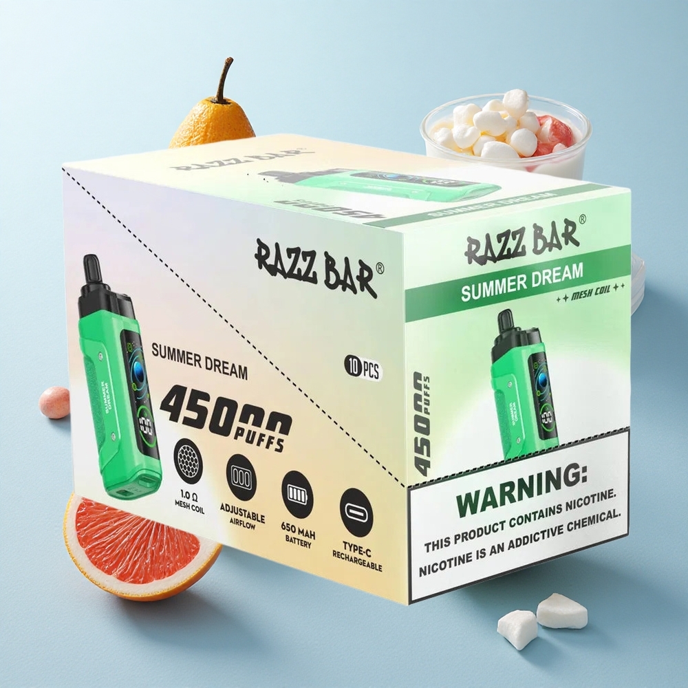 Sonho de Verão Razz Bar 45000 Puffs Recarregável Tipo-C com Bobina Mesh 1.0 Ohm