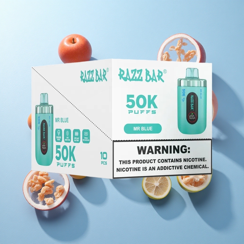 Azul Sr. Razz Bar 50K Puffs Vape Descartável com 2% Nicotina e Bobina Mesh 1.0 Ohm