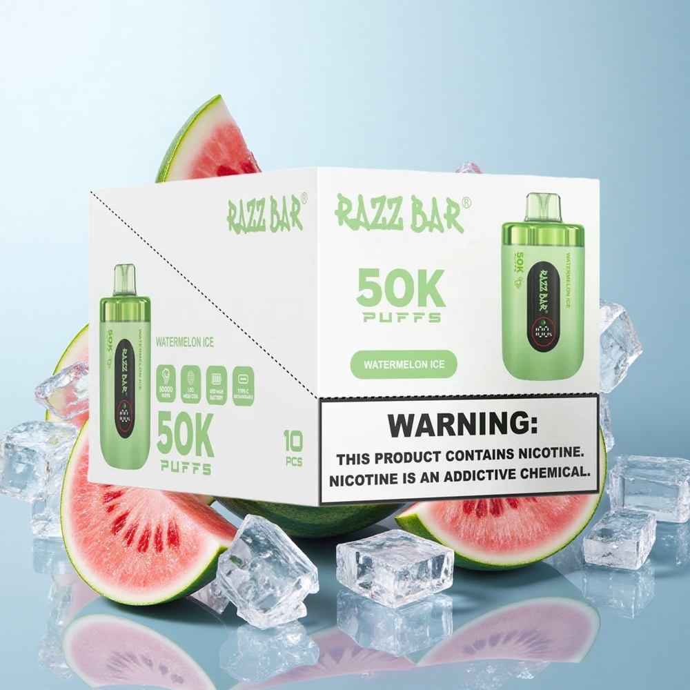 Melancia Gelada Razz Bar 50K Puffs Recarregável via Type-C com 2% de Nicotina