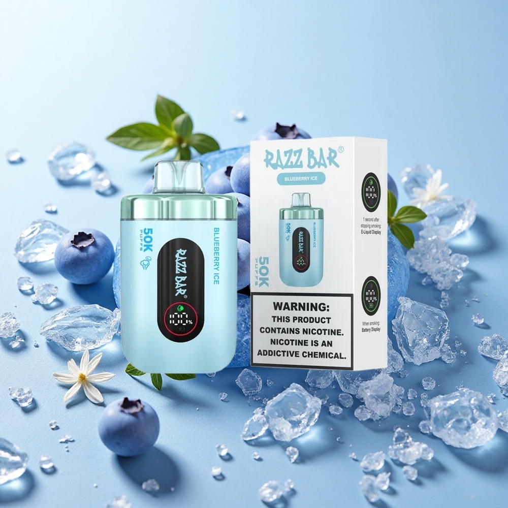 Mirtilo Gelado Razz Bar 50K Puffs Recarregável via Type-C 2% Nicotina