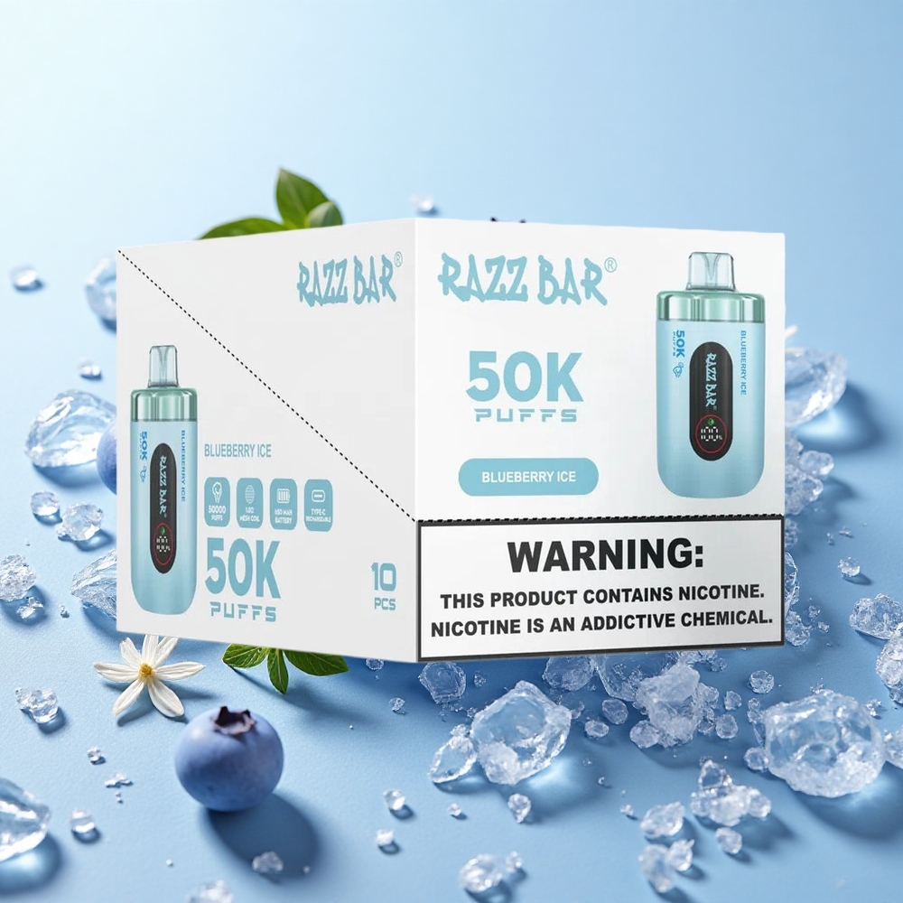 Mirtilo Gelado Razz Bar 50K Puffs Recarregável via Type-C 2% Nicotina