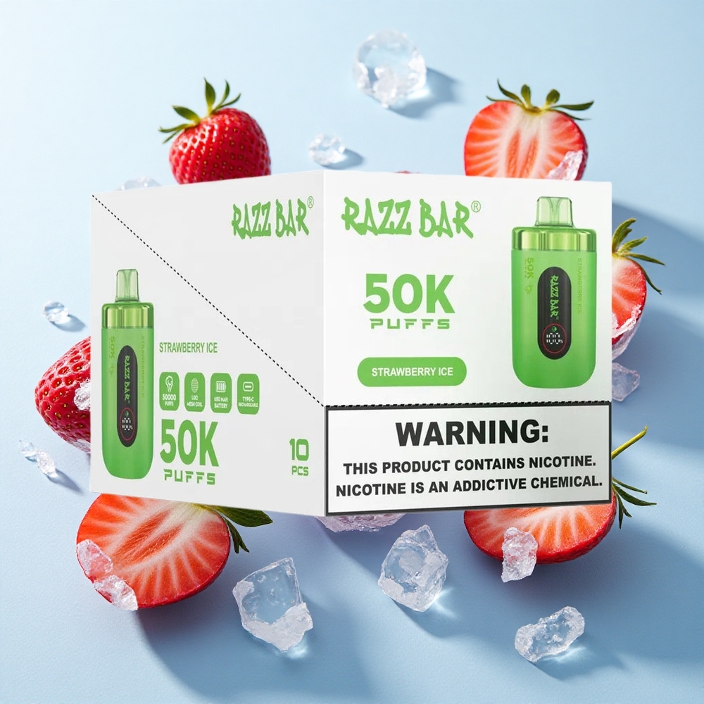 Morango Gelo Razz Bar 50K Puffs Recarregável Tipo-C