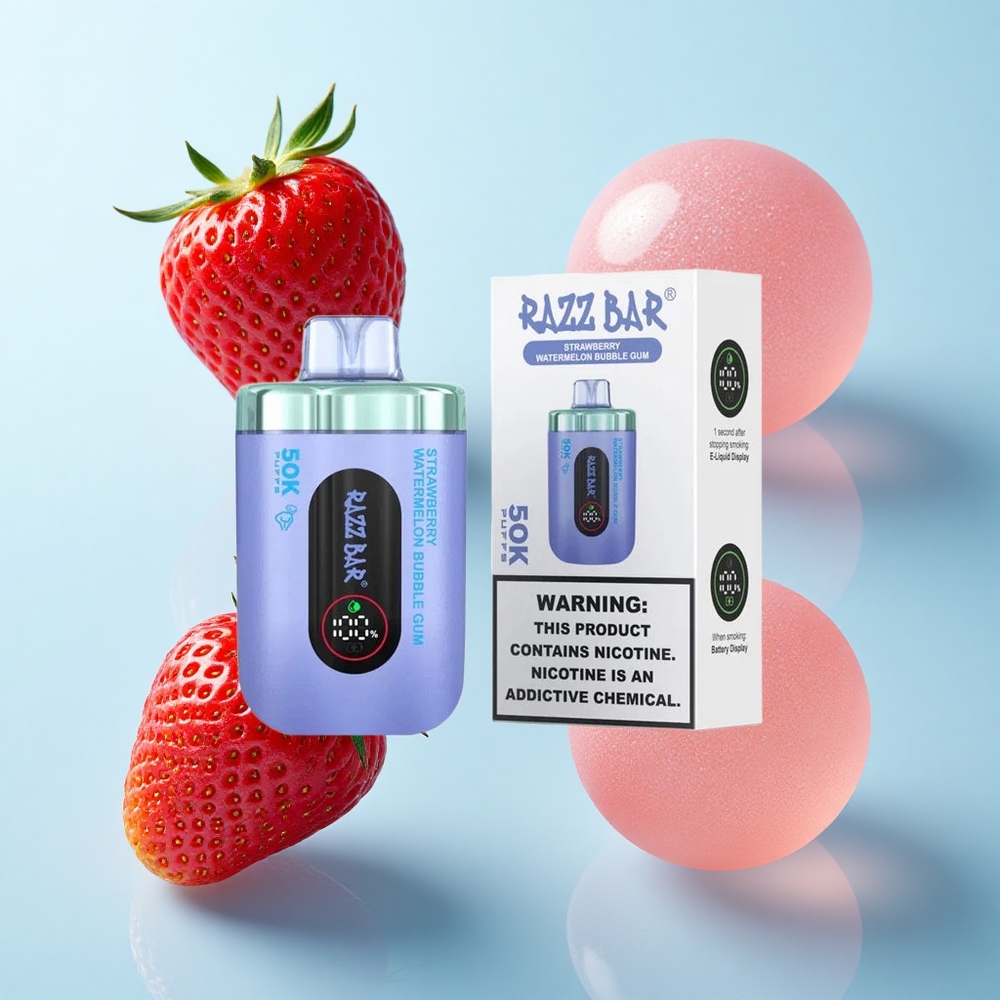 Morango Melancia Chiclete Borbulhante Razz Bar 50K Puffs Recarregável via Type-C 2% Nicotina