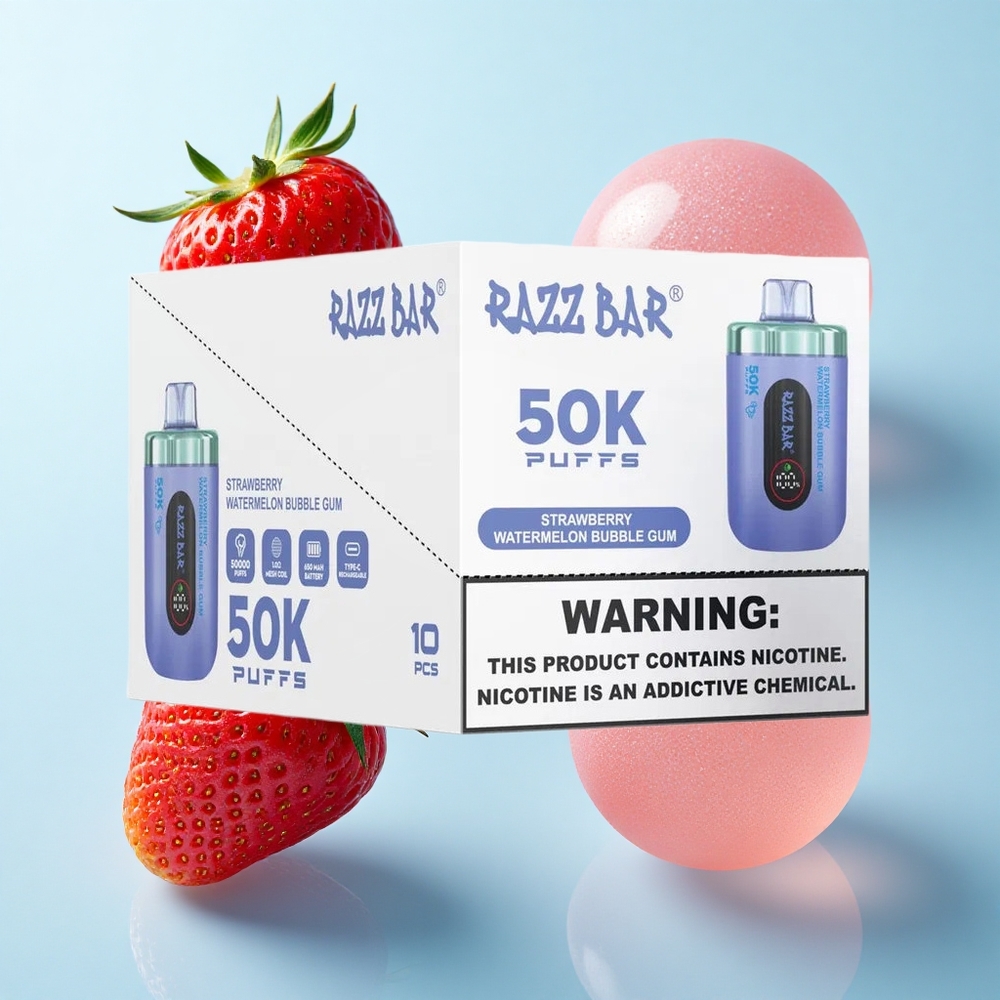 Morango Melancia Chiclete Borbulhante Razz Bar 50K Puffs Recarregável via Type-C 2% Nicotina