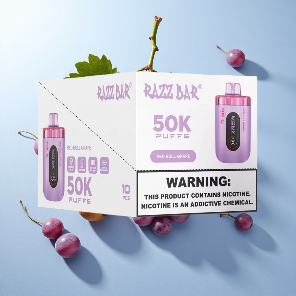 Uva Red Bull Razz Bar 50K Puffs Recarregável via Type-C com 2% de Nicotina